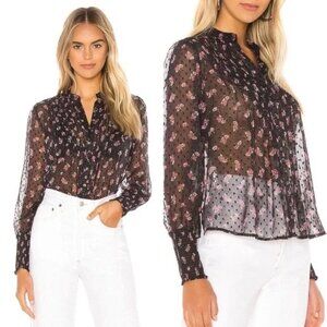 Free People Flowers in December Black Floral Sheer Swiss Dot Top. Size S.